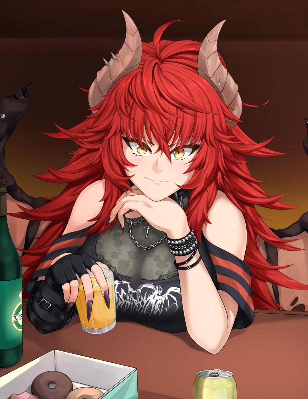 1girl black_gloves black_nails black_shirt breasts cleavage cup doughnut dragon_girl dragon_horns dragon_wings fingerless_gloves food gloves head_rest highres holding holding_cup horns large_breasts looking_at_viewer nail_polish red_hair shirt single_glove smile solo spiked_hair virtual_youtuber vshojo wings yellow_eyes yomitrooper zentreya zentreya_(dragon) zentreya_(dragon)_(3rd_costume)