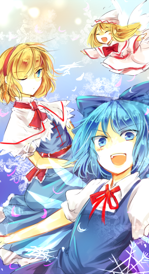 3girls alice_margatroid blue_background blue_bow blue_dress blue_eyes blue_hair bow bowtie capelet cirno commentary_request detached_wings dress hair_bow hairband ice ice_wings kutsuki_kai lily_white multiple_girls one-hour_drawing_challenge one_eye_closed red_bow red_bowtie red_hairband short_hair short_sleeves touhou white_capelet white_dress white_headwear wings