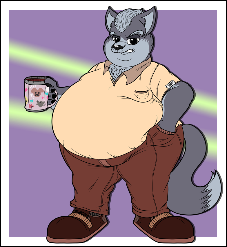 2017 anthro belly big_belly bottomwear breast_pocket canid canine canis clenched_teeth clothed clothing coffee_mug footwear fur grey_body grey_fur half-closed_eyes hand_in_pocket holding_coffee_mug holding_object looking_at_viewer male mammal narrowed_eyes nintendo obese obese_anthro obese_male overweight overweight_anthro overweight_male pants pockets shirt shoes solo standing star_fox swsu-master teeth topwear wolf wolf_o'donnell