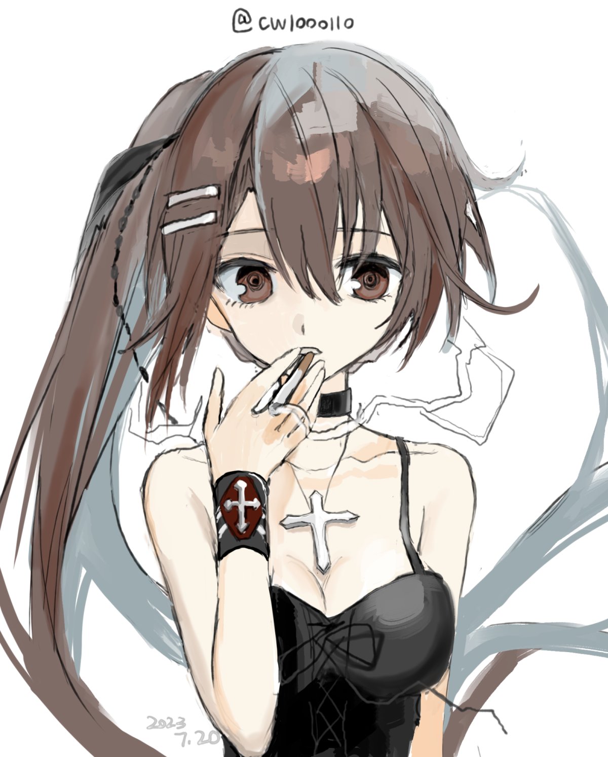 1984_(artist) 1girl black_choker black_dress breasts brown_eyes brown_hair choker cigarette cleavage cross cross-laced_clothes cross_necklace dated dress hair_between_eyes hair_ornament hairclip highres jewelry long_hair looking_at_viewer medium_breasts minakami_yuki necklace side_ponytail simple_background smoking solo subarashiki_hibi twitter_username upper_body white_background