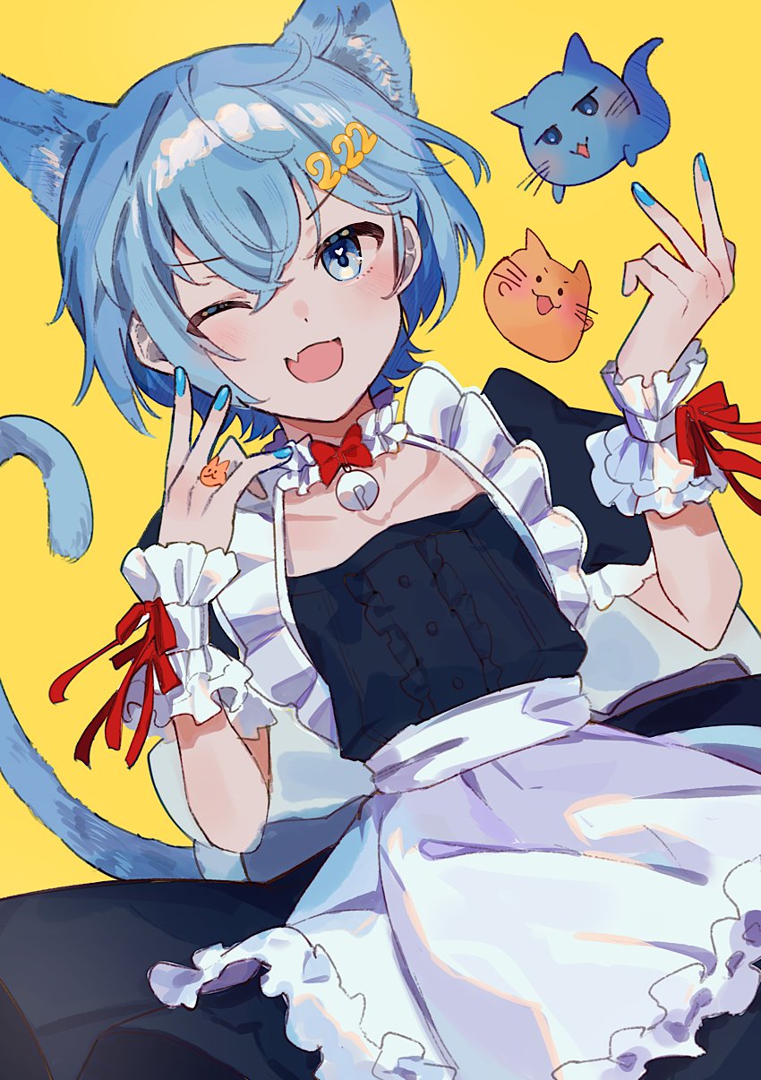 1boy animal_ears apron bell blob_(google) blue_eyes blue_hair blue_tail bow bowtie cat_boy cat_day cat_tail collarbone fang flat_chest frilled_apron frilled_wrist_cuffs frills ha_ru_ta_38 highres looking_at_viewer maid maid_apron male_focus misskey.io murakami-san_(misskey.io) neck_bell number_hair_ornament one_eye_closed open_mouth otoko_no_ko puffy_short_sleeves puffy_sleeves red_bow red_bowtie red_ribbon ribbon short_sleeves simple_background skin_fang smile solo tail wrist_cuffs yellow_background