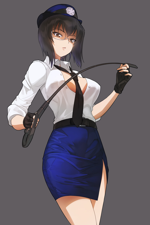 1girl a1 bangs belt between_breasts black_belt black_eyes black_gloves black_hair black_neckwear blue_headwear breasts commentary cowboy_shot dress_shirt female_service_cap fingerless_gloves girls_und_panzer gloves grey_background half-closed_eyes high-waist_skirt holding kawashima_momo large_breasts long_sleeves looking_at_viewer loose_necktie miniskirt monocle necktie parted_lips partially_unbuttoned pencil_skirt police police_uniform riding_crop semi-rimless_eyewear shirt short_hair side_slit silver-framed_eyewear simple_background skirt sleeves_rolled_up solo standing under-rim_eyewear uniform white_shirt wing_collar