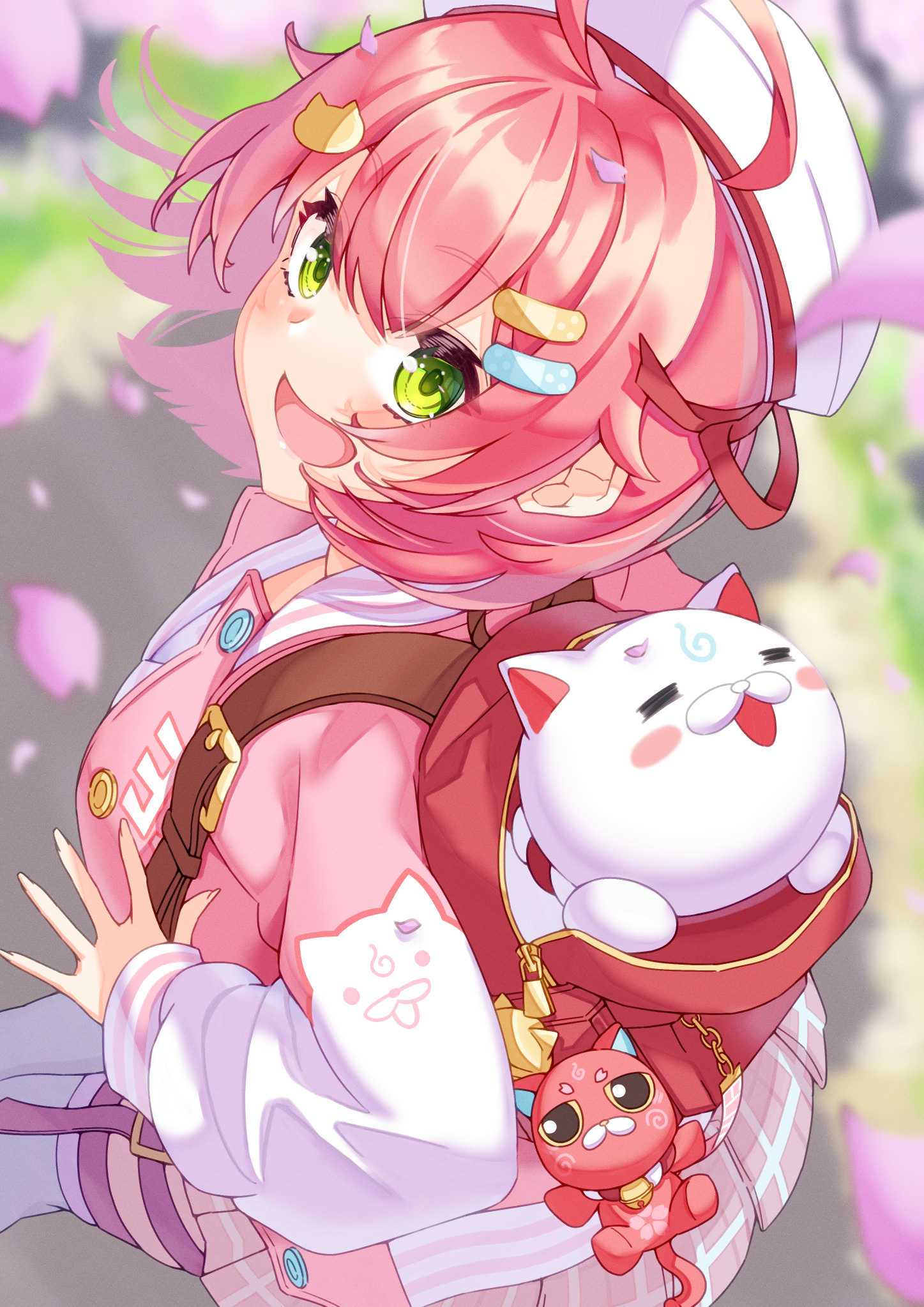 1girl 35p_(sakura_miko) :d ahoge backpack bag beret birthday cat_hair_ornament cherry_blossoms commentary_request falling_petals from_above green_eyes hair_ornament hairclip hat highres hololive in_bag in_container jacket kintoki_(sakura_miko) letterman_jacket long_sleeves looking_at_viewer medium_hair miniskirt official_alternate_costume open_bag outdoors petals pink_hair pink_jacket pink_skirt plaid plaid_skirt pleated_skirt randoseru red_bag sailor_collar sakura_miko sakura_miko_(school_uniform) school_uniform shirt skirt smile solo ta_shiuji30 thigh_strap thighhighs white_headwear white_sailor_collar white_shirt white_sleeves white_thighhighs