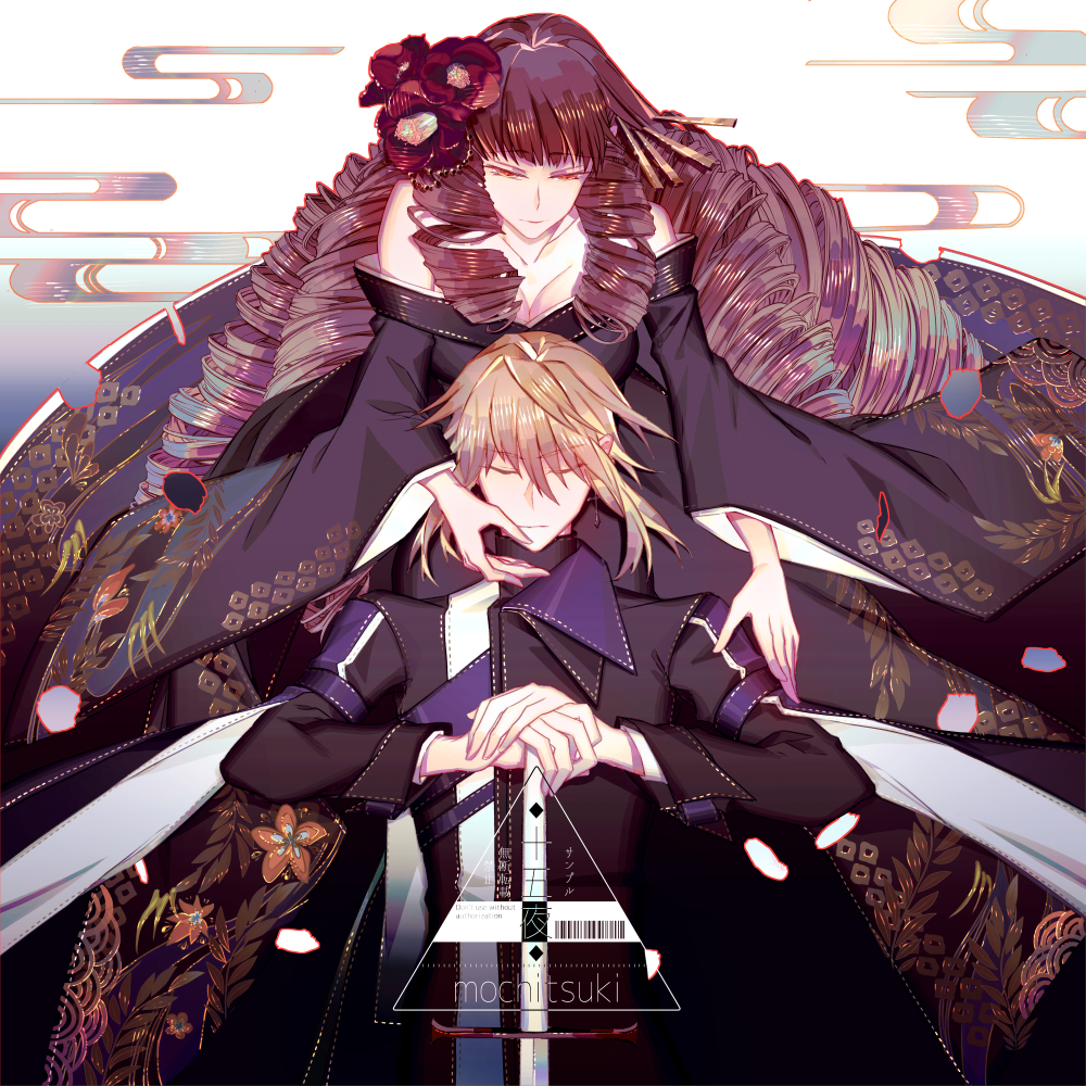 1boy 1girl bare_shoulders black_cape black_coat black_kimono black_shirt blunt_bangs breasts brown_hair camellia cape cleavage closed_eyes closed_mouth coat collarbone cowboy_shot cross cross_earrings drill_hair drill_sidelocks earrings egasumi facing_viewer falling_petals floral_print flower front-to-back gradient_background hair_between_eyes hair_flower hair_ornament hair_stick hand_on_another's_face hand_on_another's_shoulder hands_on_hilt japanese_clothes jewelry kanoko_(pattern) kimono leaf_print light_brown_hair long_hair long_sleeves looking_at_another looking_down miyagokarasu multicolored_coat off_shoulder orange_eyes original petals red_flower shirt sidelocks sleeve_cuffs standing straight-on sword turtleneck weapon white_background wide_sleeves