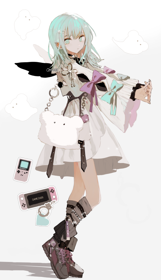 1girl belt black_wings boots chain closed_mouth dress ear_piercing earrings full_body game_boy ghost gradient_background green_eyes green_hair grey_background grey_footwear grey_socks hair_ornament hairclip handheld_game_console heel_up jewelry leg_belt long_hair long_sleeves looking_at_viewer nintendo_switch original piercing qtonagi shadow sidelocks socks solo sparkle standing stretching stud_earrings stuffed_toy white_dress wide_sleeves wings