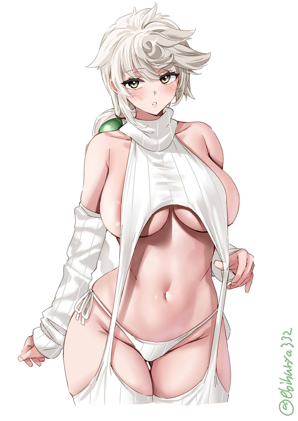 1girl areola_slip artist_name ass_visible_through_thighs bare_shoulders blush braid breasts collarbone commentary cowboy_shot cropped_legs detached_sleeves ebifurya grey_hair groin hair_between_eyes highres kantai_collection large_breasts long_hair looking_at_viewer meme_attire navel one-hour_drawing_challenge panties parted_lips ribbed_sleeves ribbed_sweater ribbed_thighhighs side-tie_panties sidelocks simple_background single_braid skindentation solo sweater thigh_gap thighhighs thighs twitter_username underwear unryuu_(kancolle) virgin_destroyer_sweater white_background white_hair white_panties white_sweater white_thighhighs wide_hips yellow_eyes