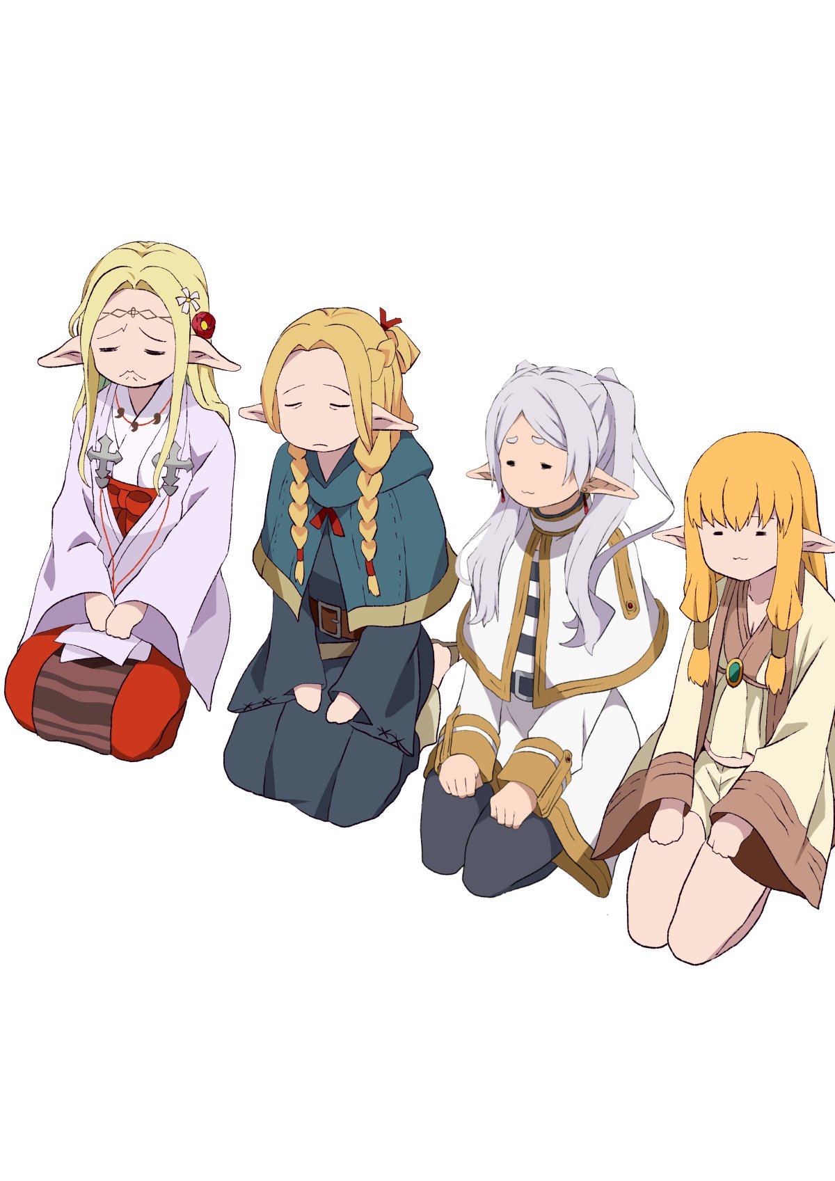 4girls :&lt; :3 =_= belt black_belt black_shirt black_thighhighs blonde_hair blue_cape blue_capelet boots braid brown_belt brown_footwear cape capelet circlet closed_eyes commentary_request crossover dangle_earrings dress dungeon_meshi earrings edomae_elf eldali_ilma_fanomenel elf frieren frown gold_trim hair_over_shoulder hair_tubes hakama hands_on_lap highres hood hooded_capelet japanese_clothes jewelry kimono kneeling long_hair long_sleeves low_twin_braids magatama magatama_necklace marcille_donato multiple_crossover multiple_girls necklace parted_bangs pointy_ears red_hakama robe sandals seiza serie_(sousou_no_frieren) shirt short_ponytail sidelocks simple_background sitting sleeve_cuffs sousou_no_frieren species_connection striped_clothes striped_shirt thighhighs trait_connection twin_braids twintails white_background white_capelet white_dress white_hair white_shirt wide_sleeves yasehattagi