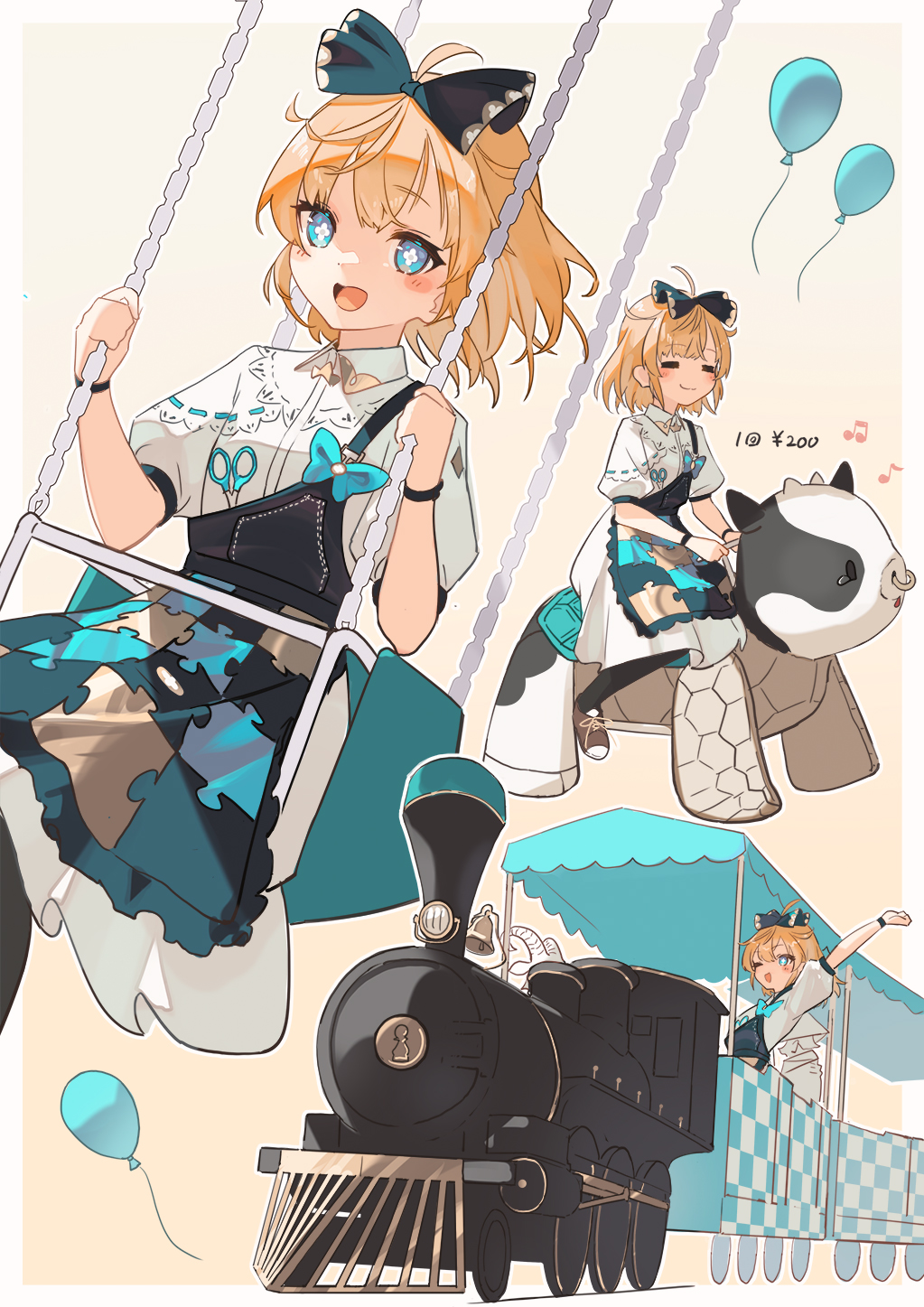 +_+ 1girl :d alice_(alice_in_wonderland) alice_in_wonderland balloon black_overalls blonde_hair blue_bow blue_eyes blush border bow brown_background closed_eyes closed_mouth collared_shirt hair_bow highres locomotive long_bangs long_sleeves looking_at_viewer multiple_views open_mouth overalls riding riding_animal shirt short_hair sidelocks smile steam_locomotive swing swinging train wakuseiy white_border white_shirt