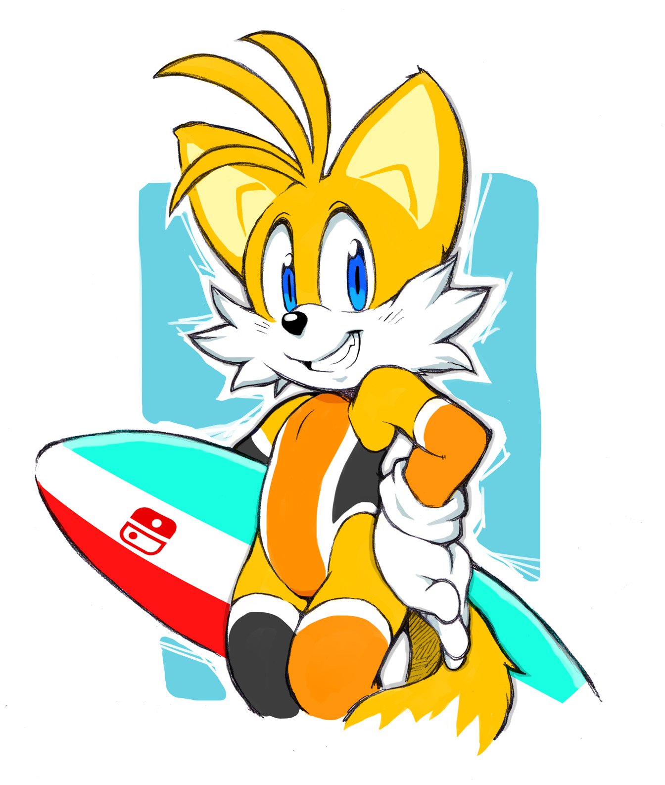 2_tails anthro blue_eyes canid canine cheek_tuft clothing dipstick_tail erosuke facial_tuft fox fur gloves handwear hi_res legwear male mammal miles_prower multi_tail multicolored_tail one-piece_swimsuit orange_body orange_fur simple_background smile solo sonic_the_hedgehog_(series) surfboard swimwear teeth thigh_highs tuft vehicle watercraft white_background yellow_body yellow_fur