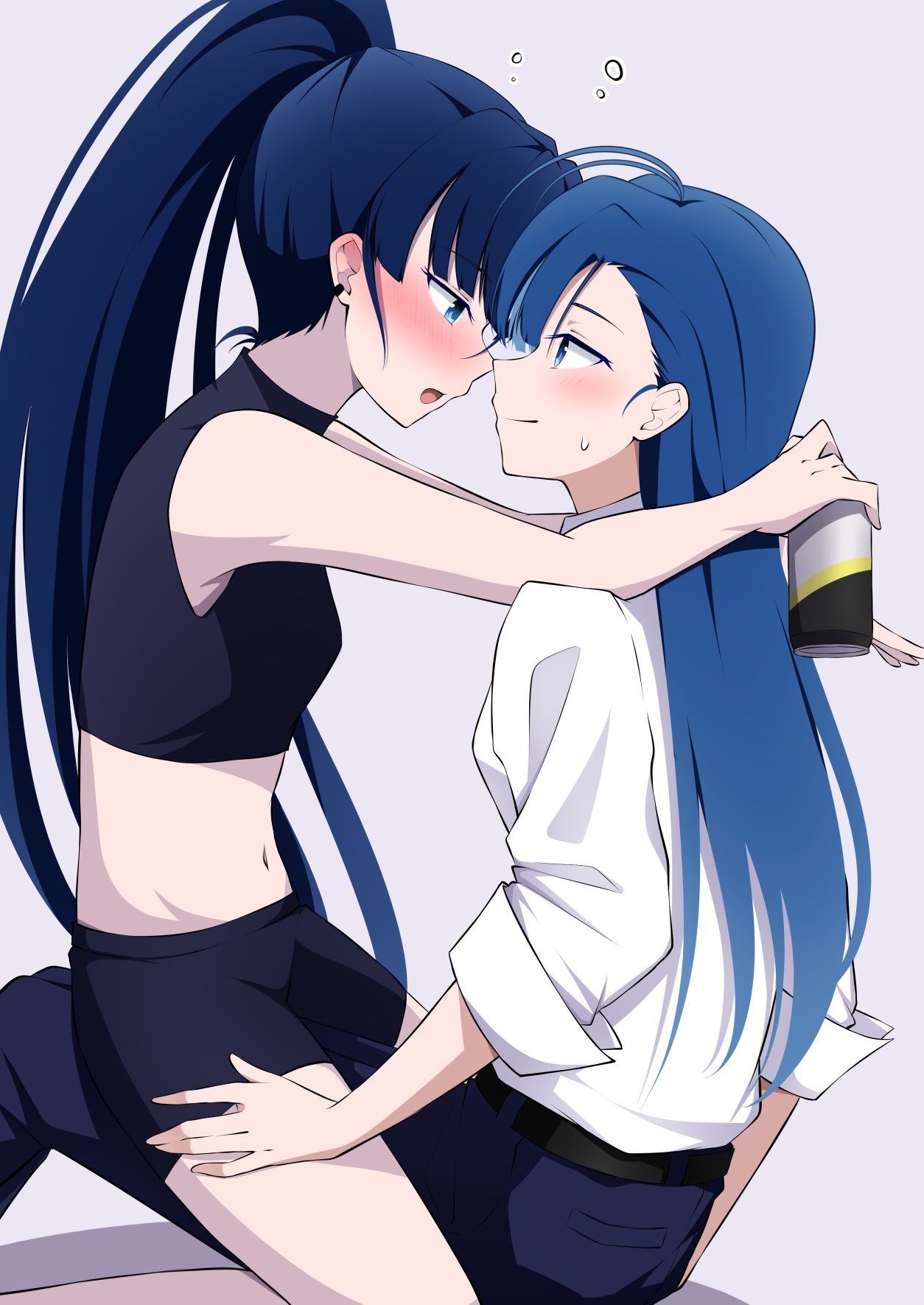 2girls ado_(utaite) ahoge arms_on_another's_shoulder belt black_belt black_shirt black_shorts blue_eyes blue_hair blue_pants blush breasts can closed_mouth cloud_nine_inc commentary_request drunk earclip eye_contact grey_background highres holding holding_can long_hair looking_at_another merry_(ado) multiple_girls naima_(ado) navel nori_(norinori_yrl) noses_touching open_mouth pants ponytail readymade_(ado) shirt shorts simple_background sitting sleeveless sleeveless_shirt sleeves_past_elbows small_breasts stomach straddling strong_zero sweatdrop usseewa white_shirt yuri