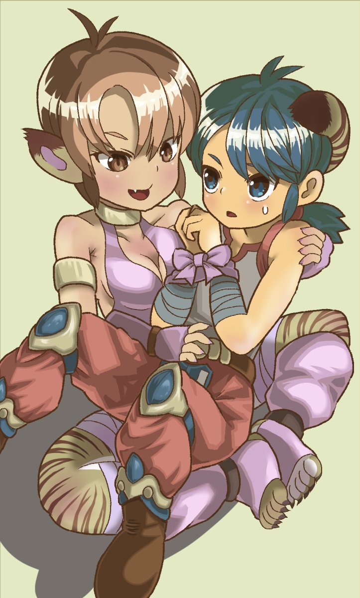 1boy 1girl animal_ears breasts breath_of_fire breath_of_fire_ii cat_ears cat_tail facial_mark foot_out_of_frame gloves green_eyes highres open_mouth orange_hair pointy_ears rinpoo_chuan ryuu_(breath_of_fire_ii) shadow short_hair sicky_(pit-bull) simple_background smile tail white_background