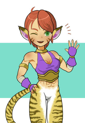 1girl animal_ears breasts breath_of_fire breath_of_fire_ii cat_ears facial_mark fingerless_gloves gloves green_eyes looking_at_viewer lowres one_eye_closed open_mouth orange_hair pointy_ears rinpoo_chuan short_hair sicky_(pit-bull) smile solo striped_tail tail tiger_tail