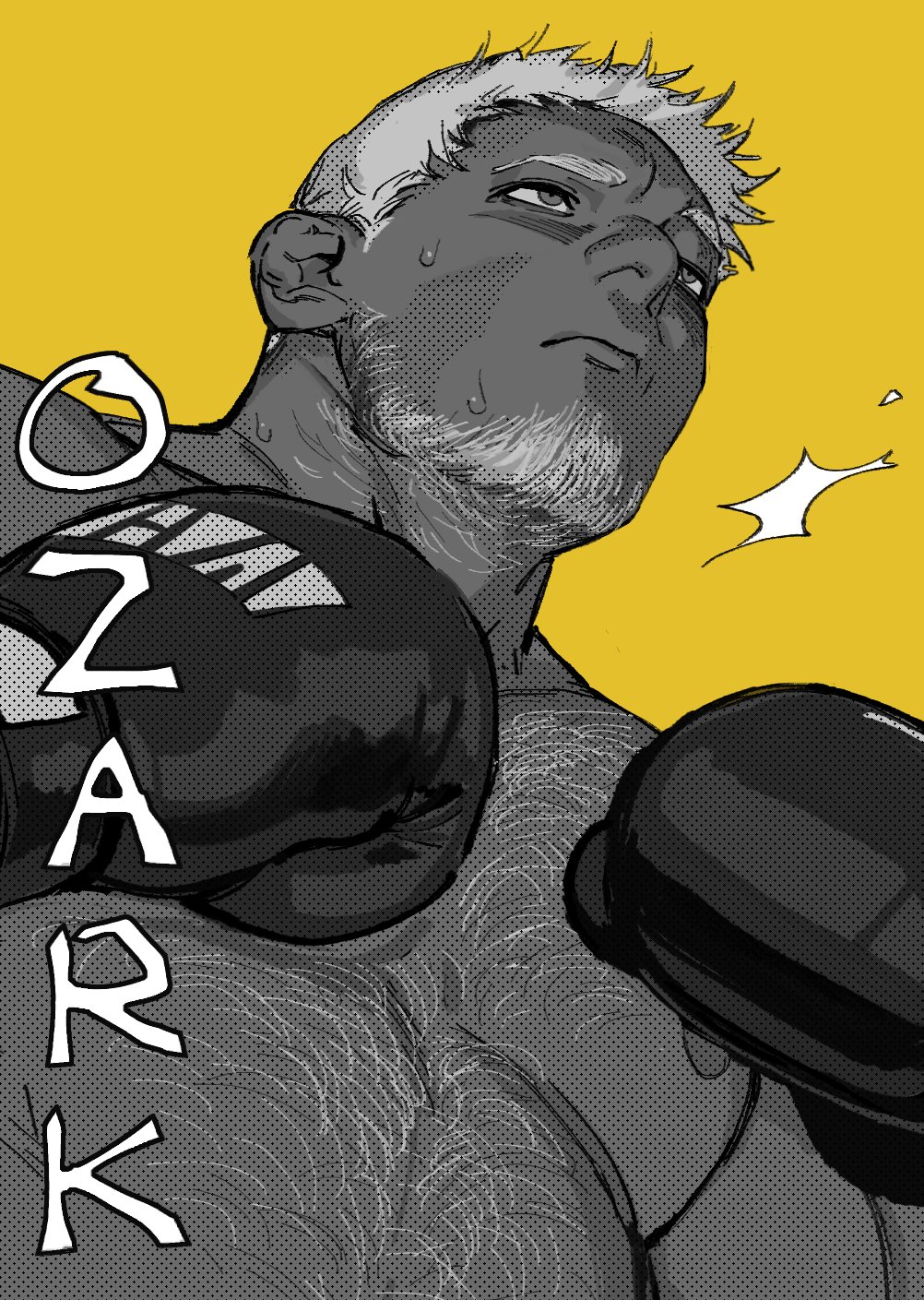 1boy bara beard_stubble borrowed_character boxing_gloves dark-skinned_male dark_skin facial_hair from_below greyscale_with_colored_background hairy highres large_pectorals looking_ahead male_focus mature_male muscular muscular_male navel_hair nipples original ozark_(junomieu) pectorals quietgom solo sparse_chest_hair stubble sweat thick_eyebrows upper_body