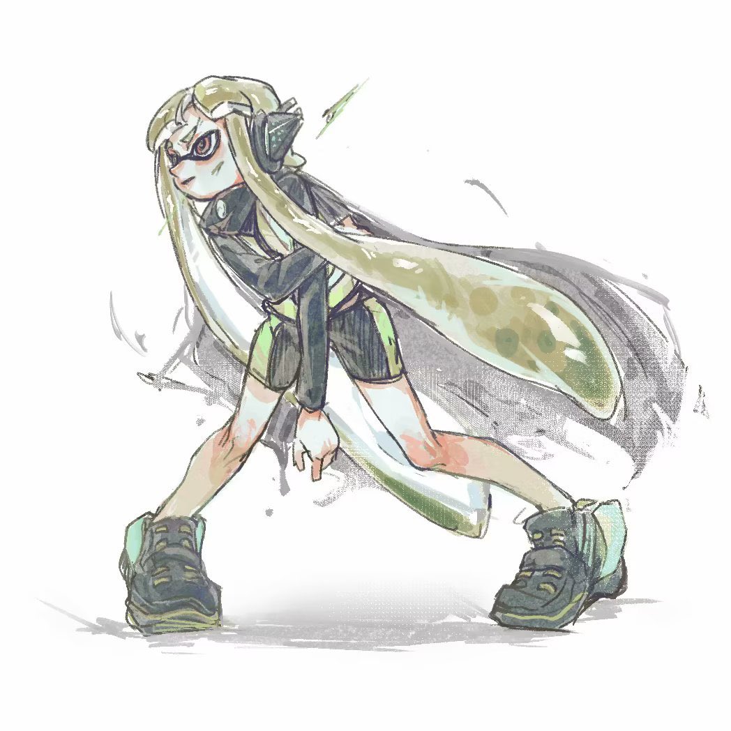 1girl agent_3_(splatoon) bike_shorts black_shirt cape full_body green_hair grey_cape headgear high-visibility_vest inkling inkling_girl inkling_player_character legs_apart long_hair long_sleeves pigeon-toed red_eyes shirt simple_background solo splatoon_(series) splatoon_2 splatoon_2:_octo_expansion standing tentacle_hair thenintlichen96 very_long_hair vest white_background