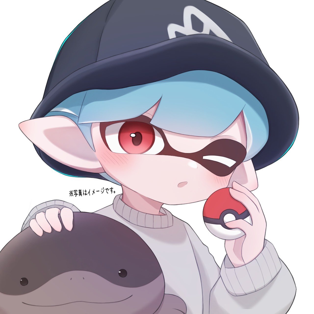 1boy black_headwear blue_hair clodsire closed_mouth commentary_request grey_sweater hat highres holding holding_poke_ball inkling inkling_boy inkling_player_character looking_at_viewer male_focus medium_hair one_eye_closed open_mouth pointy_ears poke_ball poke_ball_(basic) pokemon pokemon_(creature) red_eyes sh_f0y simple_background sleeves_past_wrists smile splatoon_(series) sweater tentacle_hair translation_request upper_body white_background