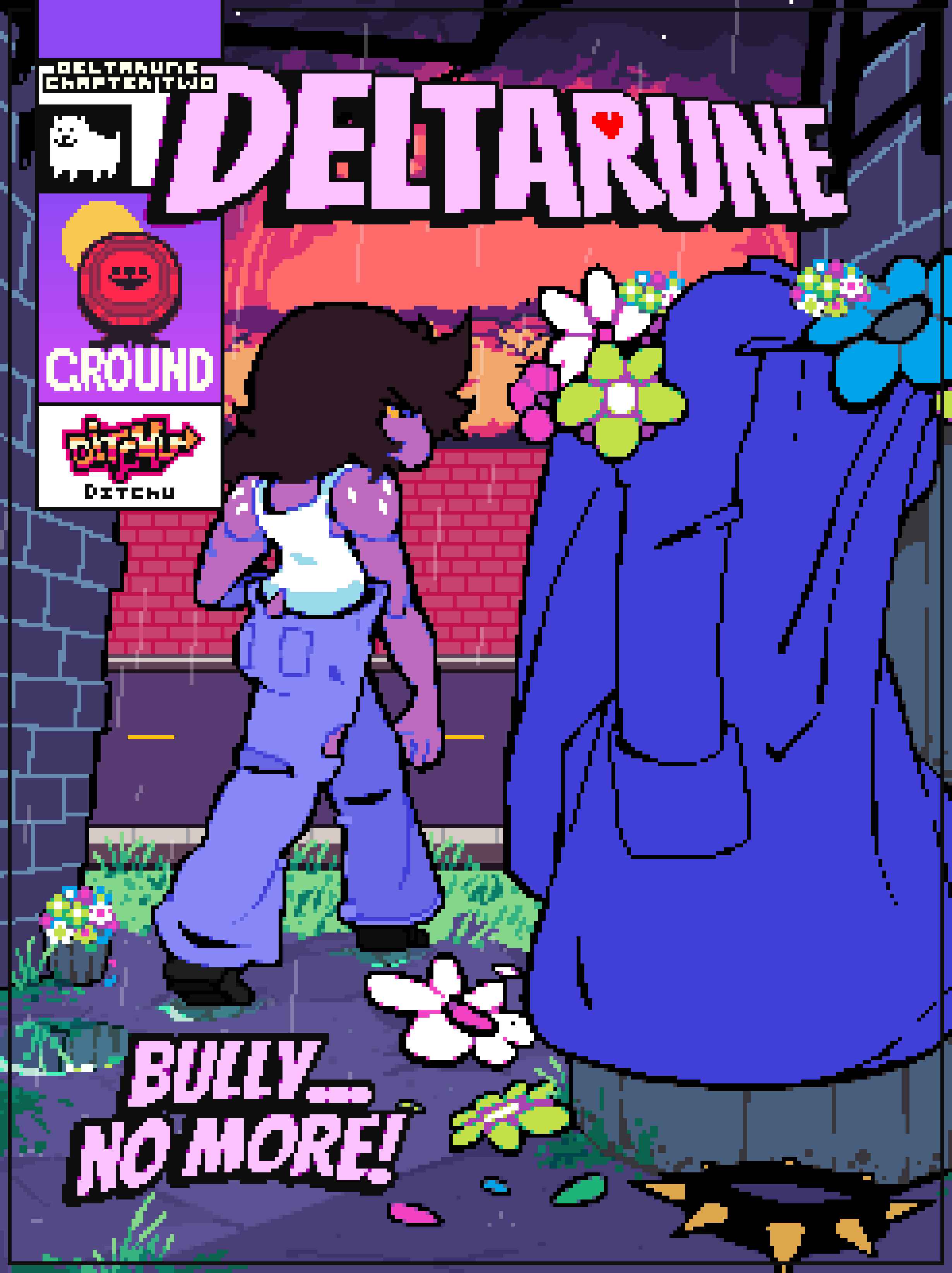 2023 4_legs absurd_res alley annoying_dog_(undertale) anthro black_border black_clothing black_footwear black_shoes blue_bottomwear blue_clothing blue_eyes blue_jacket blue_pants blue_topwear border bottomwear brick_wall brown_hair c._round_(deltarune) clothing collar comic_book_cover crossover deltarune denim denim_bottomwear denim_clothing digital_media_(artwork) ditchu ellipsis english_text eyebrows female feral flower footwear grass hair heart_symbol hi_res jacket jeans leaf long_hair looking_away marvel pants pixel_(artwork) plant purple_body raining red_body reptile scalie shirt shoes short_tail signature solo spider-man_(series) spiked_collar spikes stairs street susie_(deltarune) tail tank_top text topwear torn_bottomwear torn_clothing torn_pants trash_can undertale_(series) walking walking_away wall_(structure) white_body white_clothing white_shirt white_tank_top white_topwear yellow_sclera