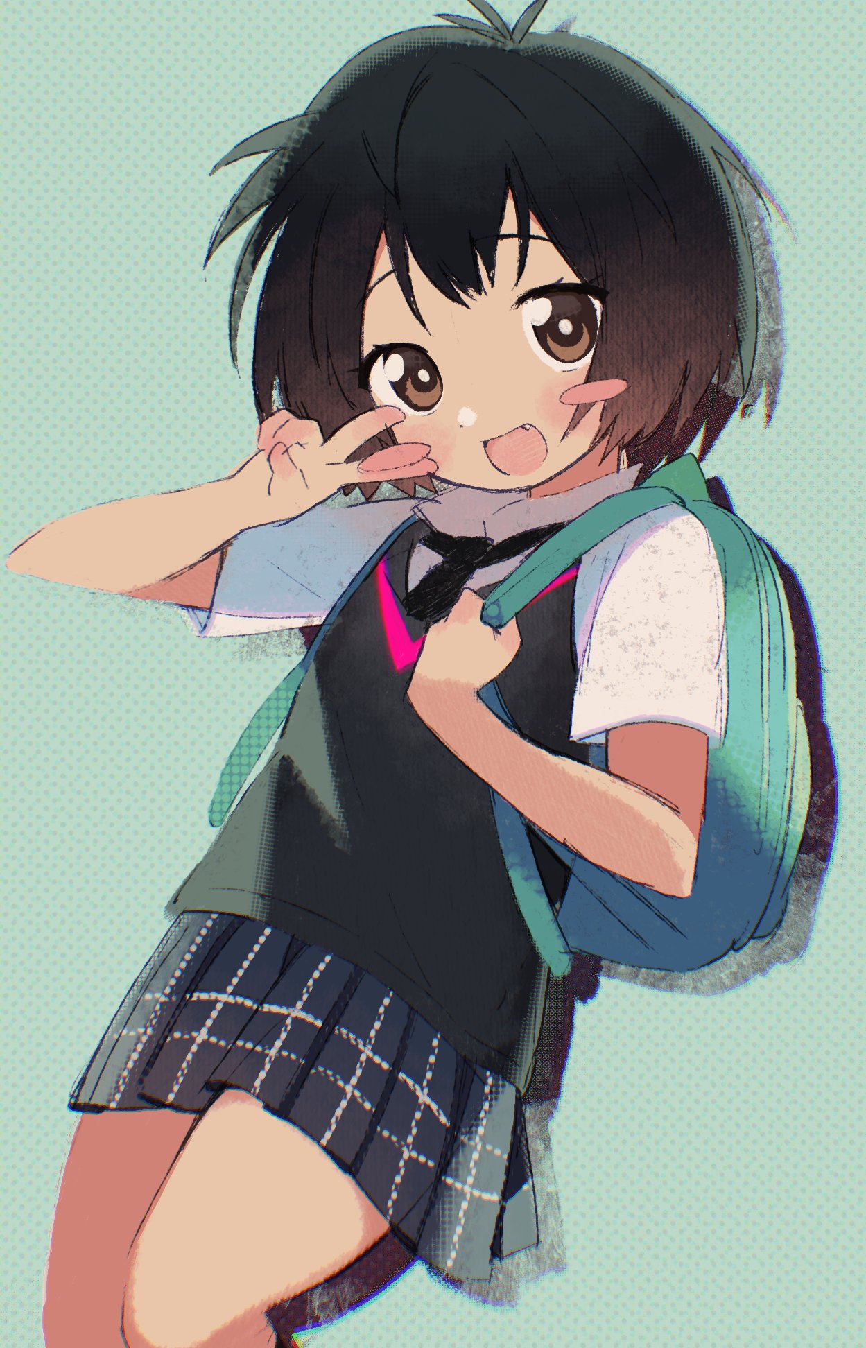 1girl backpack bag black_hair black_sweater_vest blue_background blush_stickers bob_cut bright_pupils brown_eyes dot_nose fang halftone halftone_background hashtag_only_commentary highres lisa_(mochi070823) marvel open_mouth peni_parker pleated_skirt shadow shirt short_sleeves skirt solo spider-man:_into_the_spider-verse spider-man_(series) spider-verse sweater_vest v white_pupils white_shirt