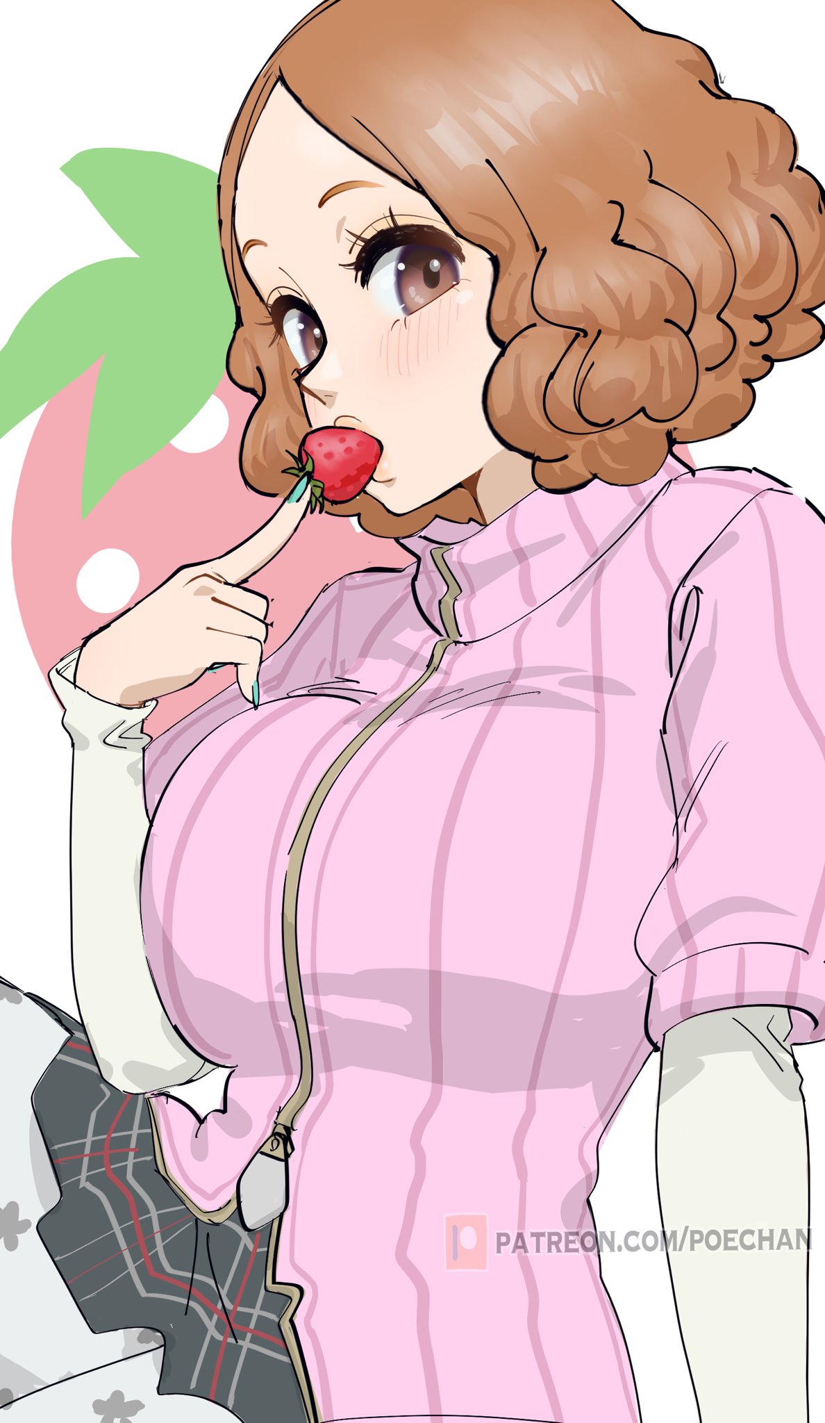 1girl breasts brown_eyes brown_hair eyelashes food food_in_mouth fruit highres holding holding_food holding_fruit large_breasts long_sleeves looking_at_viewer okumura_haru parted_bangs persona persona_5 pink_sweater poechan_chan ribbed_sweater short_hair skirt solo strawberry sweater wavy_hair