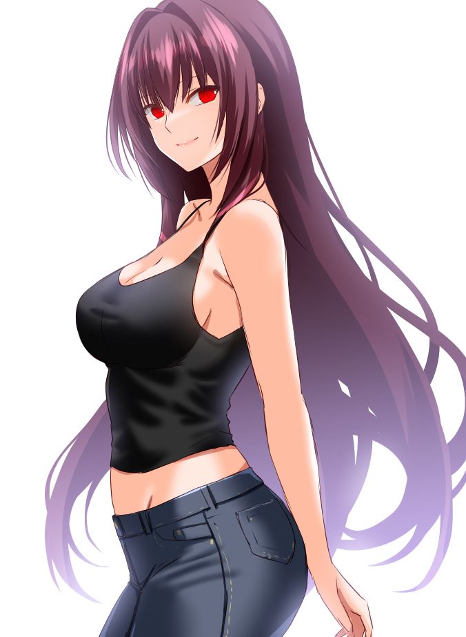 1girl alternate_costume bare_shoulders black_shirt breasts casual closed_mouth commentary_request denim engo_(aquawatery) fate/grand_order fate_(series) hair_between_eyes hair_intakes jeans long_hair looking_at_viewer medium_breasts midriff pants purple_hair red_eyes scathach_(fate) shirt simple_background sleeveless sleeveless_shirt smile solo very_long_hair white_background