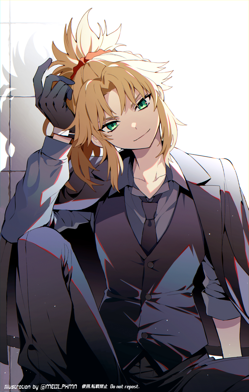 1girl black_gloves black_jacket black_necktie black_pants black_suit black_vest blonde_hair braid elbow_on_knee elbow_rest fate/apocrypha fate/grand_order fate_(series) foot_out_of_frame french_braid gloves green_eyes grey_shirt hair_ornament hair_scrunchie hand_on_own_head highres jacket knee_up looking_at_viewer meiji_ken mordred_(fate) necktie pants ponytail red_scrunchie scrunchie shirt sitting sleeve_rolled_up solo suit suit_jacket vest