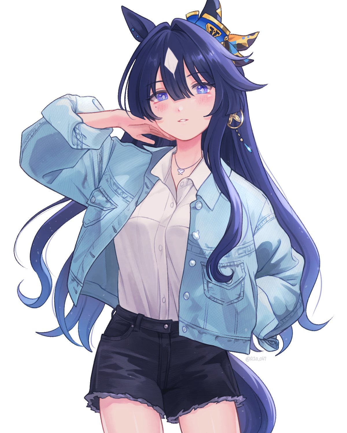 1girl animal_ears black_shorts blue_hair blue_jacket blush breasts collared_shirt cowboy_shot cutoffs hair_intakes hair_ornament hand_in_own_hair hand_in_pocket hand_up highres horse_ears horse_girl horse_tail jacket jewelry long_hair long_sleeves looking_at_viewer necklace open_clothes open_jacket parted_lips purple_eyes rio_(rio_067) shirt shirt_tucked_in shorts simple_background small_breasts smile solo standing tail umamusume verxina_(umamusume) white_background white_shirt