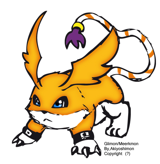 2013 ambiguous_gender blue_eyes claws digimon digimon_(species) feral fur fusion gatomon markings orange_body orange_fur orange_markings patamon signature simple_background tail_markings tail_ring unknown_artist unknown_artist_signature white_background white_body white_fur