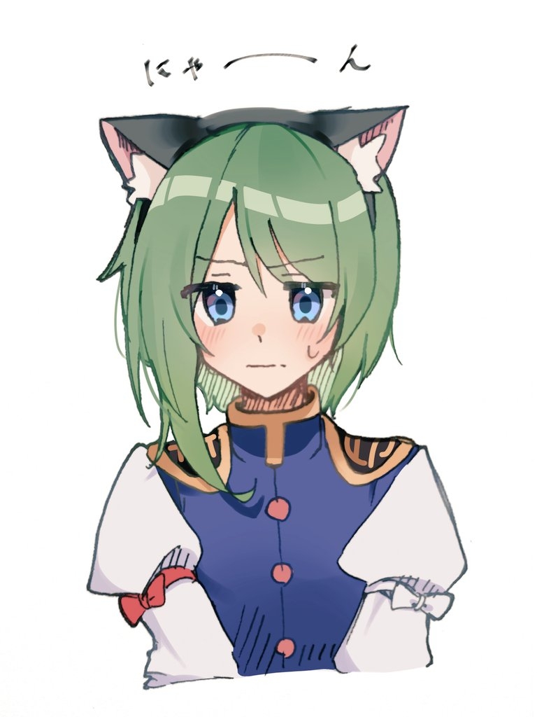 1girl animal_ear_fluff animal_ear_hairband animal_ears blue_eyes blush bow buttons cat_ears closed_mouth commentary_request cropped_torso d9ysbx288350 embarrassed eyes_visible_through_hair fake_animal_ears green_hair hairband hatching_(texture) high_collar linear_hatching long_sleeves looking_at_viewer nyan purple_vest red_bow shiki_eiki shirt short_hair simple_background sketch sleeve_garter solo sound_effects sweatdrop touhou upper_body v_arms vest white_background white_bow white_shirt