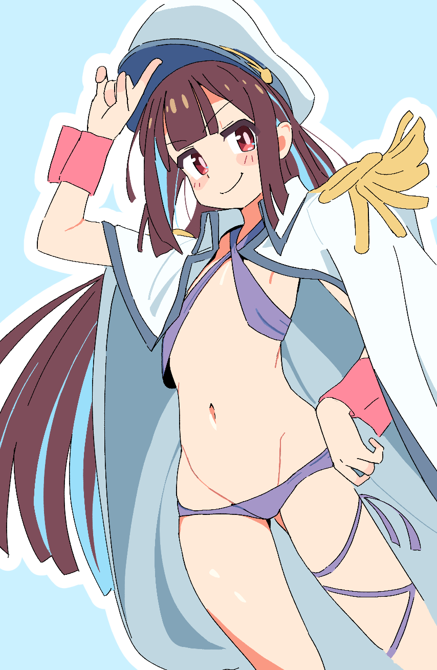 1girl arm_up ass_visible_through_thighs bikini blue_background blue_hair blunt_bangs blunt_ends blush_stickers brown_hair commentary criss-cross_halter epaulettes flat_chest groin halterneck hat highres hozuki_momiji long_hair navel noyama_takenoko official_alternate_costume official_alternate_hair_length official_alternate_hairstyle onii-chan_wa_oshimai! outline peaked_cap purple_bikini red_eyes simple_background smile solo stomach swimsuit white_outline wrist_cuffs