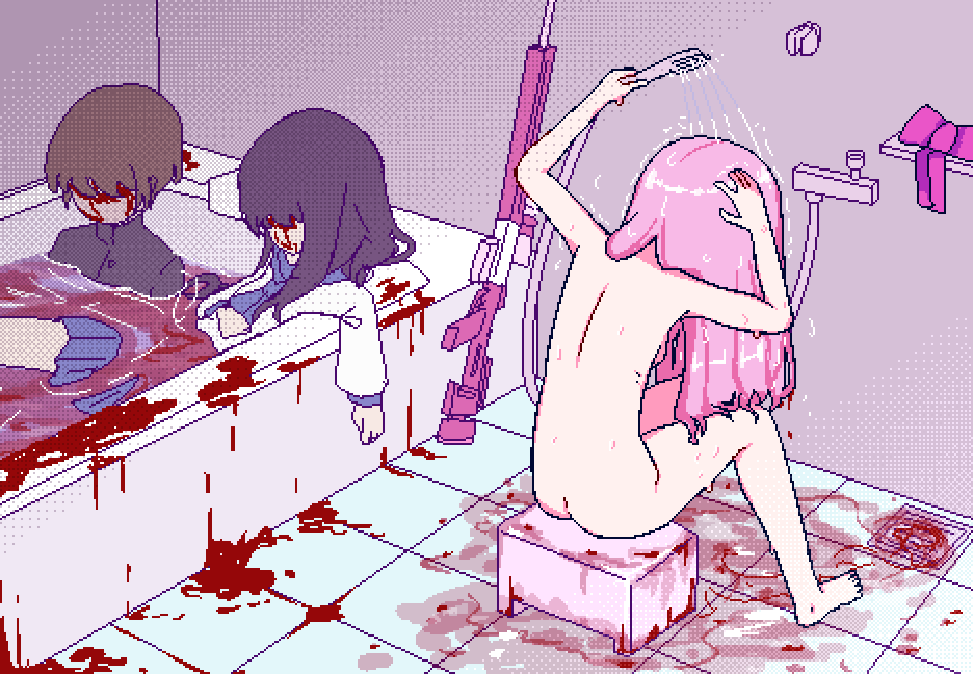 1boy 2girls bath bath_of_blood bathroom blood blood_on_ground blue_skirt brown_hair chibikki commentary completely_nude corpse english_commentary full_body gun indoors long_hair magical_girl_saki-hope_(chibikki) multiple_girls nude original pink_hair pixel_art rifle saki_(chibikki) shirt short_hair shower_head showering skirt sniper_rifle tile_floor tiles weapon white_shirt xm2010