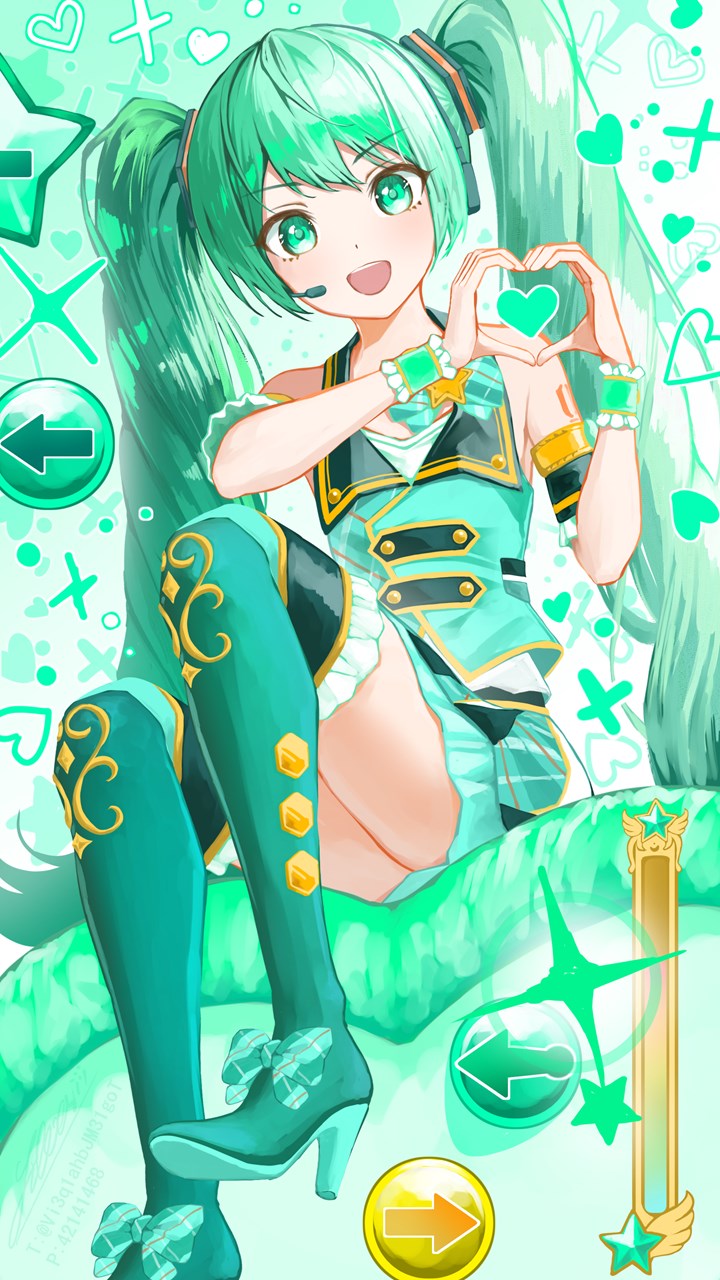 1girl :d arm_strap boots green_eyes green_footwear green_hair green_skirt green_vest hair_ornament hatsune_miku headphones headset heart heart_hands highres long_hair looking_at_viewer microphone miku_day miniskirt open_mouth shirubaa sitting skirt smile solo thigh_boots twintails very_long_hair vest vocaloid wrist_cuffs