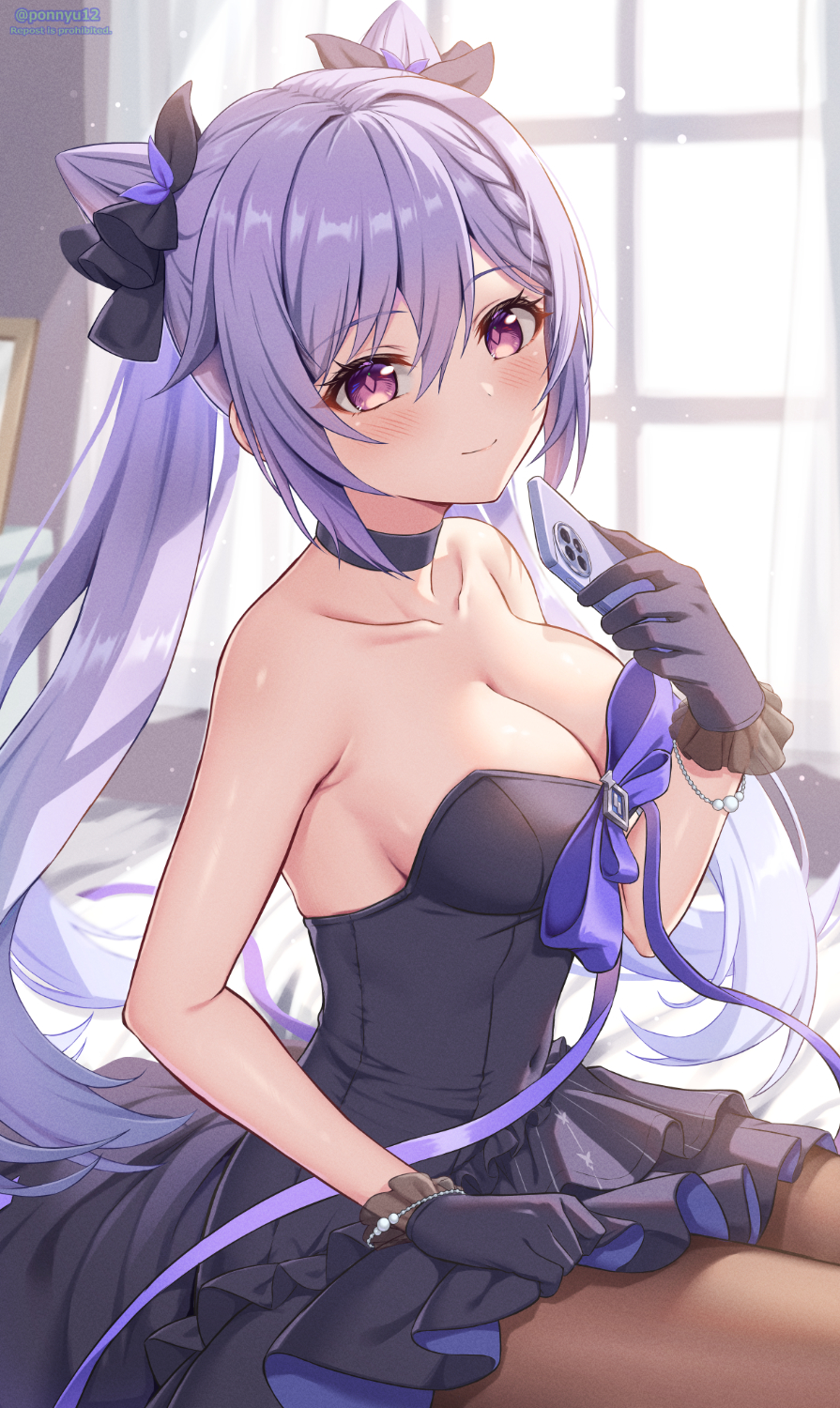 1girl bare_shoulders black_choker black_dress black_gloves braid breasts brown_pantyhose cellphone choker cleavage commentary_request cone_hair_bun covered_navel curtains double_bun dress frilled_gloves frills genshin_impact gloves hair_between_eyes hair_bun hair_ornament hand_up highres holding holding_phone indoors keqing_(genshin_impact) keqing_(oneplus)_(genshin_impact) long_hair looking_at_viewer medium_breasts official_alternate_costume pantyhose phone pink_hair ponnyu12 purple_hair sitting smartphone smile solo strapless strapless_dress window
