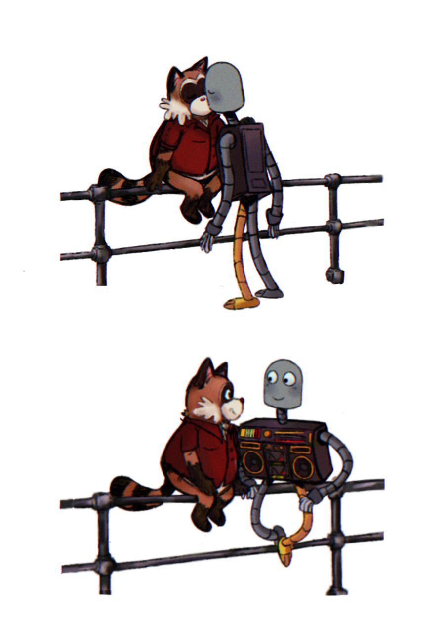 2024 anthro biped blush brown_body clothing duo grey_body hi_res hxboox03 kissing machine male mammal procyonid raccoon rascal_(robot_dreams) robot robot_(robot_dreams) robot_dreams shirt sitting slightly_chubby topwear