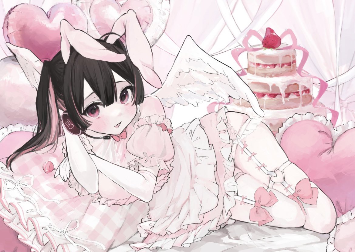 1girl animal_ears apron black_hair blush cake detached_sleeves dress fake_animal_ears feathered_wings food headset heart heart-shaped_pillow iq033 long_hair looking_at_viewer lying multicolored_hair on_side open_mouth original pillow pink_dress pink_eyes pink_hair puffy_detached_sleeves puffy_sleeves rabbit ribbon smile solo thigh_strap twintails two-tone_hair white_wings wings