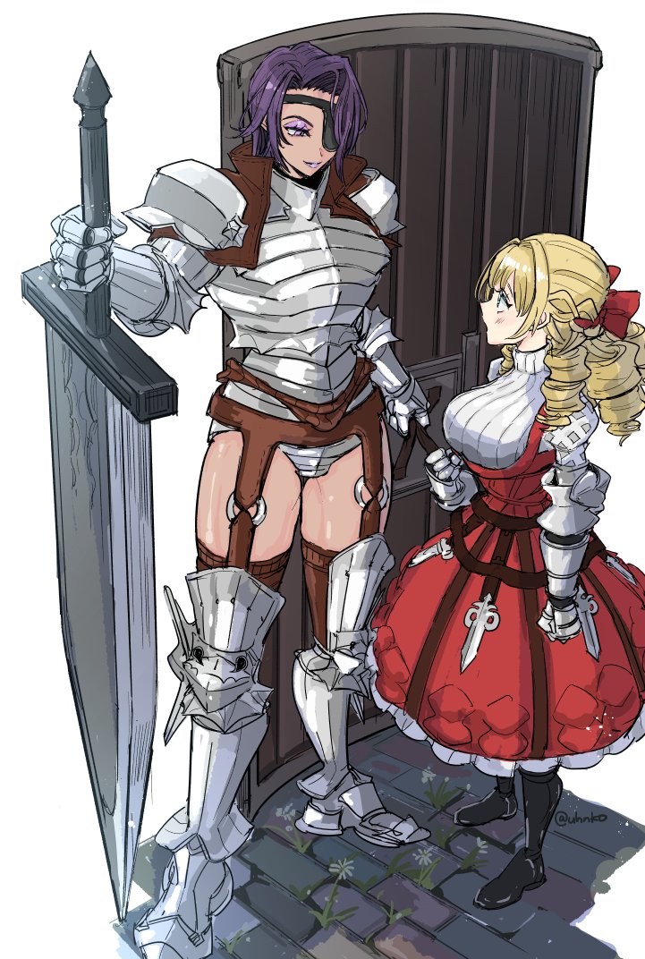 2girls amalia_(unicorn_overlord) armored_leotard blonde_hair dress drill_hair eyepatch gauntlets holding holding_shield huge_weapon light_blush looking_at_another multiple_girls o-ring_garter_belt scarlett_(unicorn_overlord) shield smile sweater_under_dress sword tall_female tower_shield uhana unicorn_overlord weapon