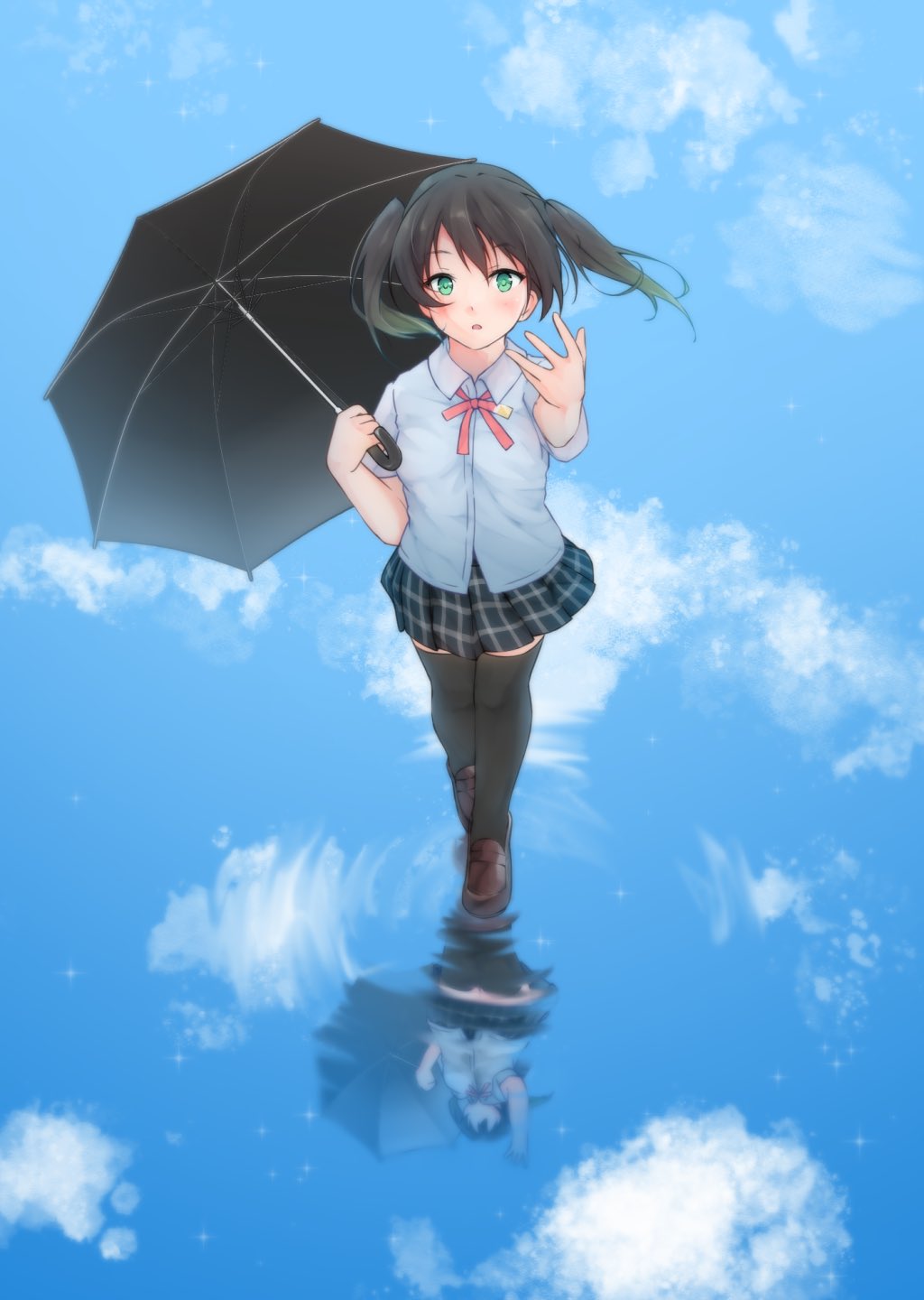 1girl arm_up azukilib black_hair black_thighhighs blue_skirt blue_theme blush breasts brown_footwear character_request collared_shirt commentary_request copyright_request full_body gradient_hair green_eyes green_hair hand_up highres holding holding_umbrella looking_at_viewer miniskirt multicolored_hair neck_ribbon open_mouth outstretched_arm plaid plaid_skirt pleated_skirt reaching reaching_towards_viewer red_ribbon reflection reflective_water ribbon ripples school_uniform shirt shoes short_hair short_sleeves sidelocks skirt small_breasts solo standing standing_on_liquid straight-on thighhighs twintails two-tone_hair umbrella white_shirt