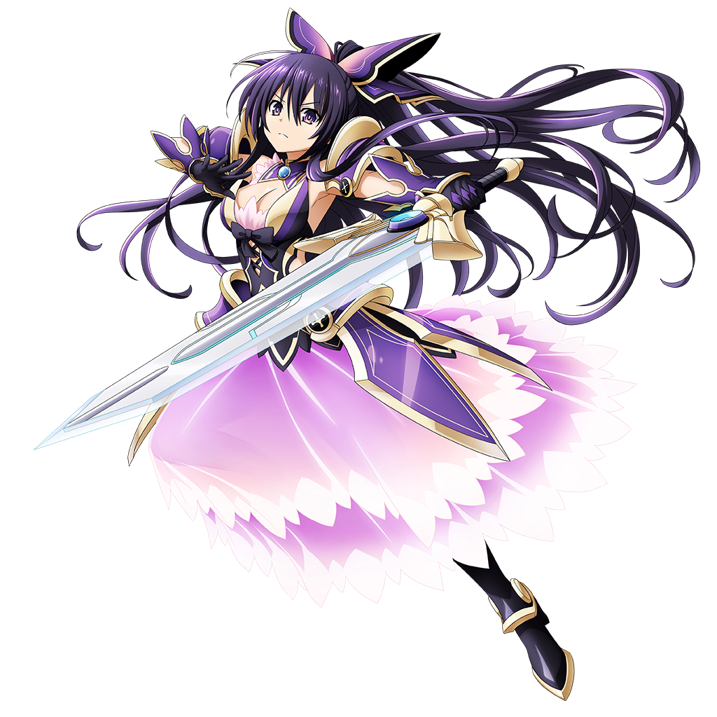 1girl armor armored_dress breasts closed_mouth date_a_live dress full_body large_breasts long_hair official_art overlord_(maruyama) ponytail purple_dress purple_eyes purple_hair shoulder_armor solo sword v-shaped_eyebrows weapon yatogami_tooka