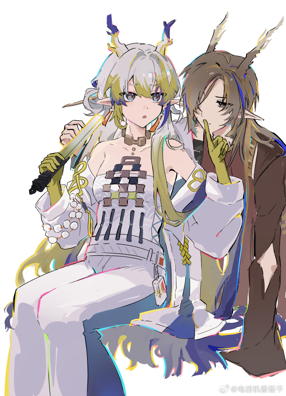 1boy 1girl :o arknights bare_shoulders beads blonde_hair blue_eyes brown_eyes brown_hair brown_robe chinese_clothes chinese_commentary closed_mouth commentary_request dianhua_ji_xianggu_gan earrings finger_to_another's_mouth grey_hair grey_horns grey_jacket grey_pants grey_tube_top hair_between_eyes hair_intakes hair_over_one_eye highres holding holding_sword holding_weapon horns invisible_chair jacket jewelry long_hair long_sleeves looking_at_another looking_back multicolored_hair necklace off_shoulder one_eye_covered open_clothes open_jacket open_mouth pants pointy_ears purple_hair purple_horns robe shu_(arknights) simple_background sitting strapless streaked_hair sword tube_top unfinished very_long_hair watermark weapon weibo_logo white_background yellow_horns zhi_(arknights)