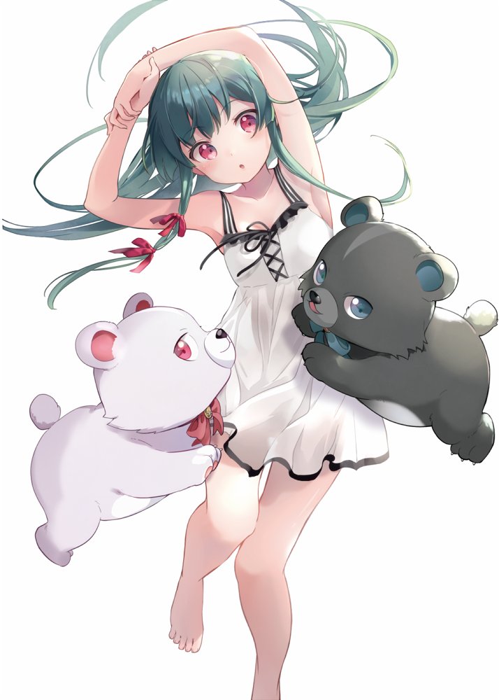 029 1girl animal armpits arms_up bangs bare_arms bare_shoulders barefoot bear blush collarbone dress eyebrows_visible_through_hair feet green_hair hair_ribbon kuma_kuma_kuma_bear kumakyuu_(kuma_kuma_kuma_bear) kumayuru_(kuma_kuma_kuma_bear) long_hair novel_illustration official_art own_hands_together parted_lips red_eyes ribbon short_dress simple_background sleeveless sleeveless_dress toes white_background white_dress yuna_(kuma_kuma_kuma_bear)