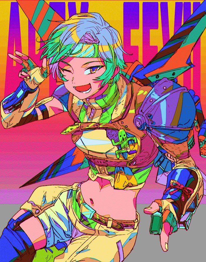 1girl animification apex_legends black_thighhighs brown_eyes brown_jacket commentary cosplay cropped_jacket cropped_sweater final_fantasy final_fantasy_vii final_fantasy_vii_rebirth final_fantasy_vii_remake fingerless_gloves garter_straps gloves green_headband green_sweater grey_hair headband jacket looking_at_viewer materia_girl_valkyrie midriff mizu_cx navel official_alternate_costume one_eye_closed open_mouth sabotender short_hair shorts smile solo sweater symbol-only_commentary thighhighs turtleneck turtleneck_sweater v valkyrie_(apex_legends) yellow_gloves yellow_shorts yuffie_kisaragi yuffie_kisaragi_(cosplay)