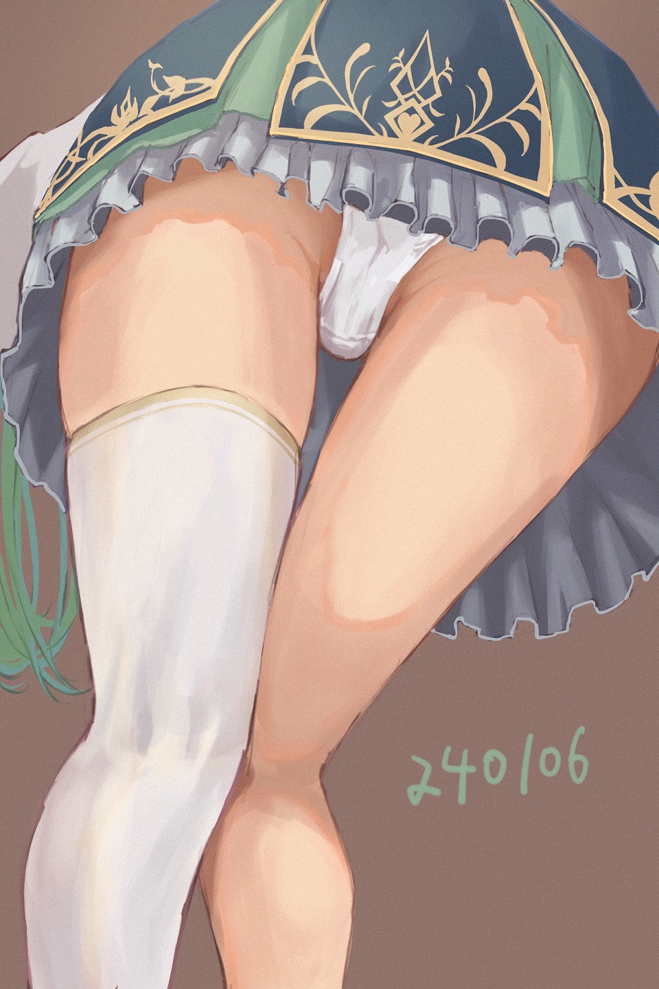 ass ass_focus bent_over blue_dress brown_background cameltoe ceres_fauna ceres_fauna_(1st_costume) dress facing_away film_grain frilled_skirt frills from_behind green_hair highres hololive hololive_english kneepits long_hair panties shin5_art single_thighhigh skirt thigh_gap thighhighs underwear upskirt virtual_youtuber white_dress white_panties white_thighhighs