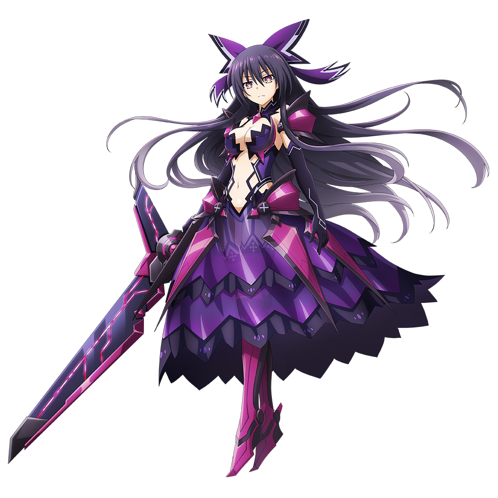1girl alternate_costume armor armored_dress bow breasts closed_mouth dark_persona date_a_live dress full_body hair_bow long_hair medium_breasts official_art overlord_(maruyama) purple_dress purple_eyes purple_hair solo sword v-shaped_eyebrows weapon yatogami_tenka