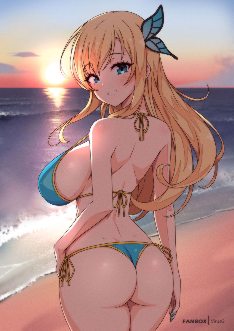 1girl arm_at_side ass back beach bikini blonde_hair blue_bikini blue_eyes blue_nails blush boku_wa_tomodachi_ga_sukunai breasts butterfly_hair_ornament cowboy_shot evening from_behind gold_trim grin hair_ornament halterneck hand_on_own_hip kashiwazaki_sena large_breasts long_hair looking_at_viewer ocean shoulder_blades side-tie_bikini_bottom sideboob smile solo strap_gap string_bikini swimsuit thong_bikini virus-g water