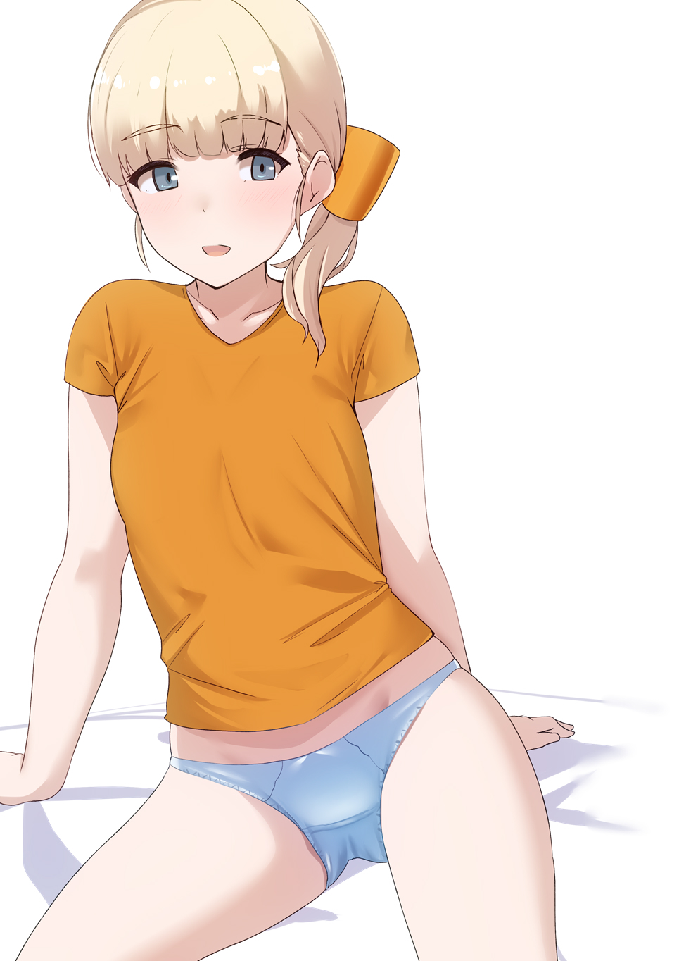 1girl blonde_hair blue_panties blush breasts chirashi_(so) grey_eyes highres kantai_collection medium_hair no_pants open_mouth orange_shirt panties shin'you_(kancolle) shirt side_ponytail sitting small_breasts solo t-shirt underwear