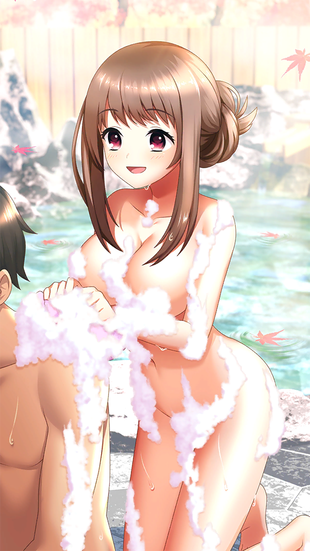 1boy 1girl :d barefoot breasts brown_hair cleavage collarbone completely_nude convenient_censoring doukyuusei_another_world game_cg half_updo hetero kakyuusei kneeling large_breasts nude official_art onsen open_mouth red_eyes sidelocks smile soap_bubbles soap_censor solo_focus washing_back yuuki_mizuho