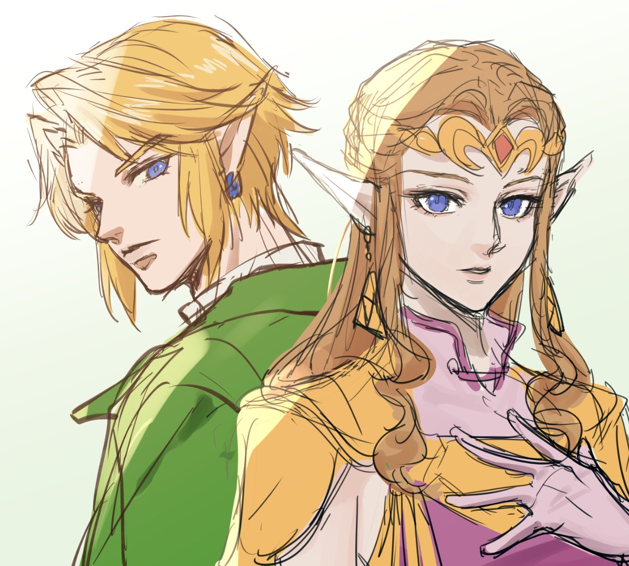 1boy 1girl armor blonde_hair blue_eyes dress earrings gloves green_tunic jewelry kurokawa_karasu link long_hair looking_at_viewer pink_dress pointy_ears princess princess_zelda shoulder_armor the_legend_of_zelda the_legend_of_zelda:_ocarina_of_time tunic