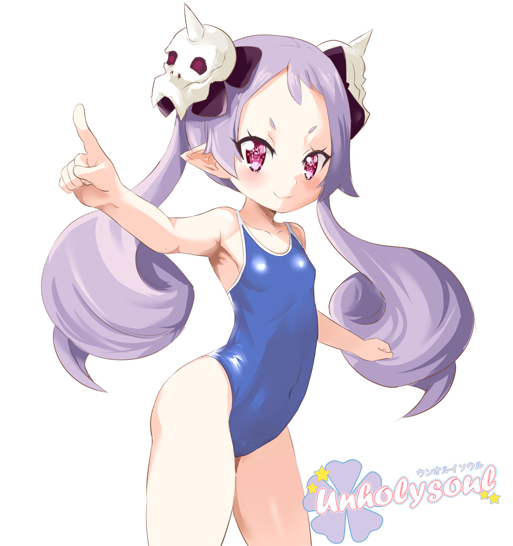 1girl artist_logo artist_name blue_one-piece_swimsuit breasts competition_school_swimsuit covered_navel cowboy_shot disgaea hair_ornament long_hair low_twintails majorita_(disgaea) makai_senki_disgaea_5 one-piece_swimsuit pointy_ears purple_eyes purple_hair school_swimsuit simple_background skull_hair_ornament small_breasts solo swimsuit twintails unholysoul white_background