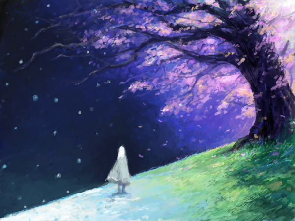 1other bad_drawr_id bad_id blue_background cherry_blossoms cloak falling_petals grass grey_cloak hill medium_hair oekaki original outdoors petals skywalker standing tree white_hair