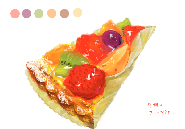 bad_drawr_id bad_id blueberry color_guide food food_focus fruit kiwi_(fruit) megamegaglass no_humans oekaki orange_(fruit) orange_slice original pie pie_slice simple_background still_life strawberry translation_request white_background