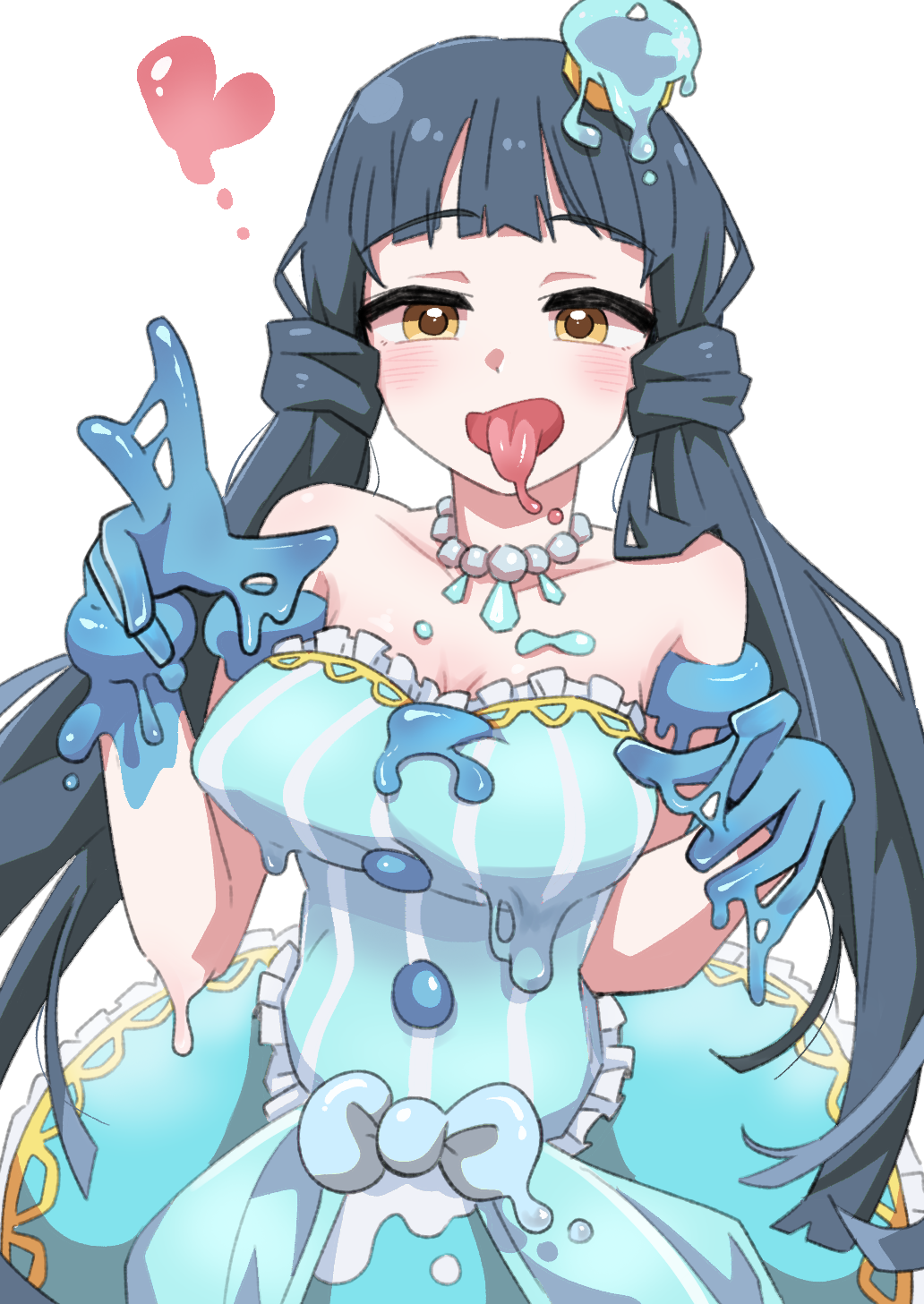 1girl bare_shoulders blue_dress blue_gloves blue_hair blue_ribbon blunt_bangs blush breasts cleavage collarbone crown detached_sleeves dot_nose dress frilled_dress frills gloves half-closed_eyes heart highres idolmaster idolmaster_million_live! idolmaster_million_live!_theater_days jewelry kitakami_reika large_breasts long_hair looking_at_viewer mini_crown monster_girl necklace official_alternate_costume ohgi910 open_mouth pearl_necklace ribbon simple_background slime_girl solo striped_clothes striped_dress tongue tongue_out twintails upper_body vertical-striped_clothes vertical-striped_dress very_long_hair white_background yellow_eyes