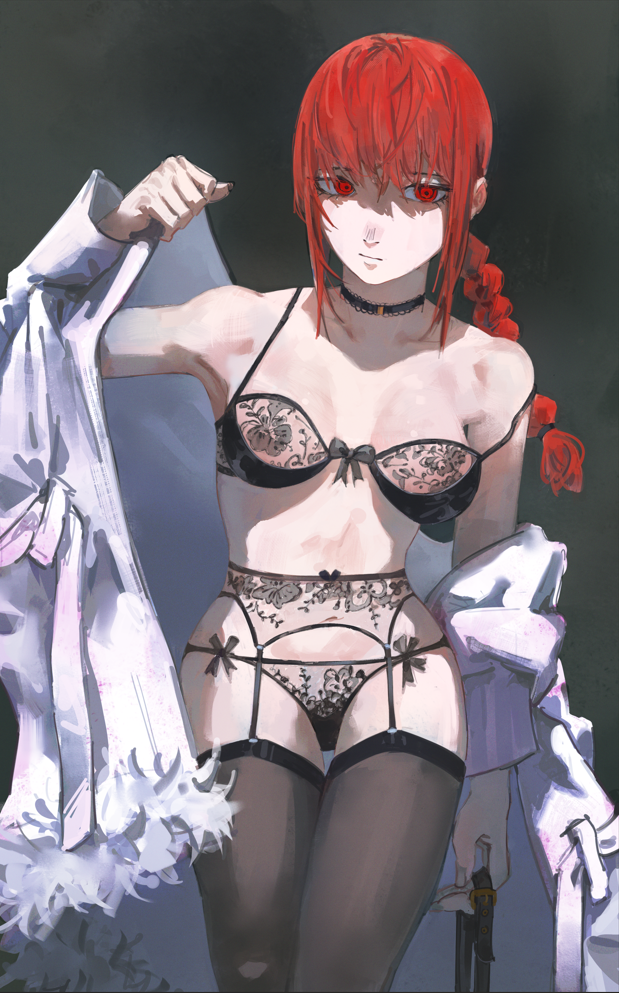 1girl black_bra black_choker bra braid breasts chainsaw_man choker closed_mouth coat cowboy_shot fur-trimmed_coat fur_trim garter_belt holding holding_leash lace lace_bra leash lingerie long_sleeves makima_(chainsaw_man) medium_breasts medium_hair monmon_(sleepymonmon) navel red_eyes red_hair shaded_face strap_slip underwear undressing white_coat